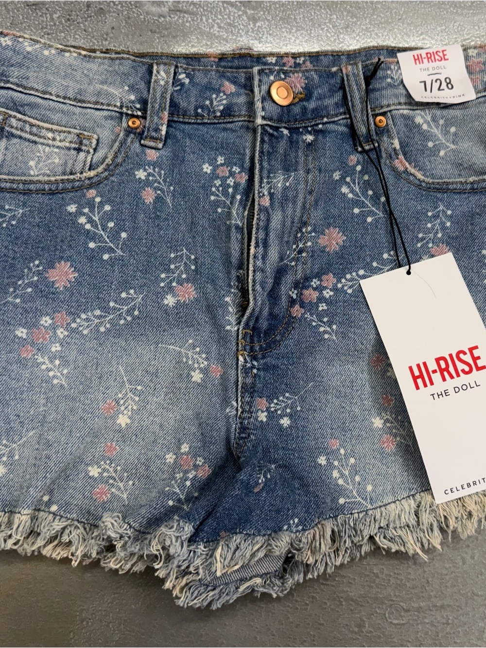 Celebrity Pink Hi-Rise Floral Print Denim Shorts in Light Blue wash